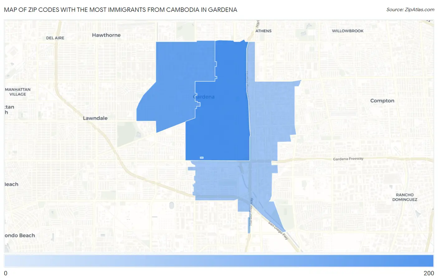 Zip Codes with the Most Immigrants from Cambodia in Gardena Map