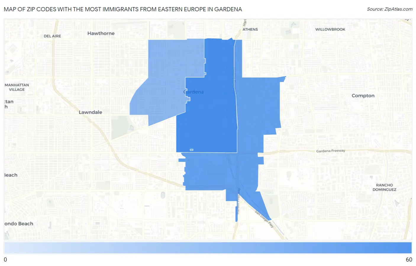 Zip Codes with the Most Immigrants from Eastern Europe in Gardena Map