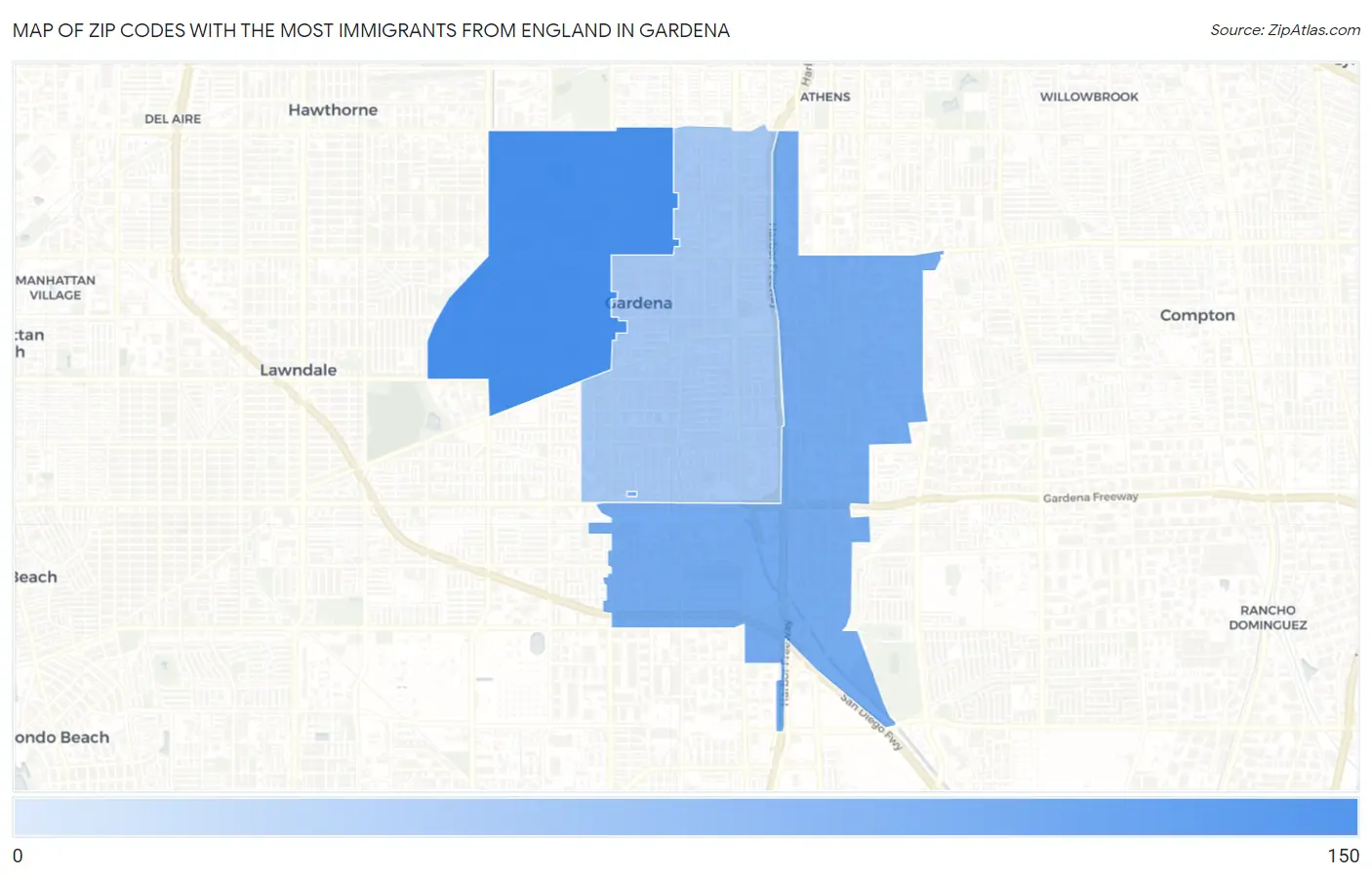 Zip Codes with the Most Immigrants from England in Gardena Map