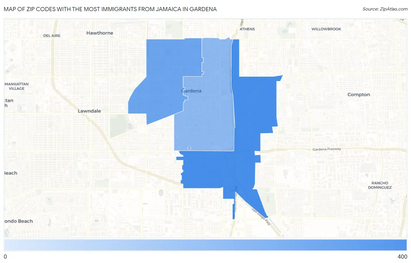 Zip Codes with the Most Immigrants from Jamaica in Gardena Map
