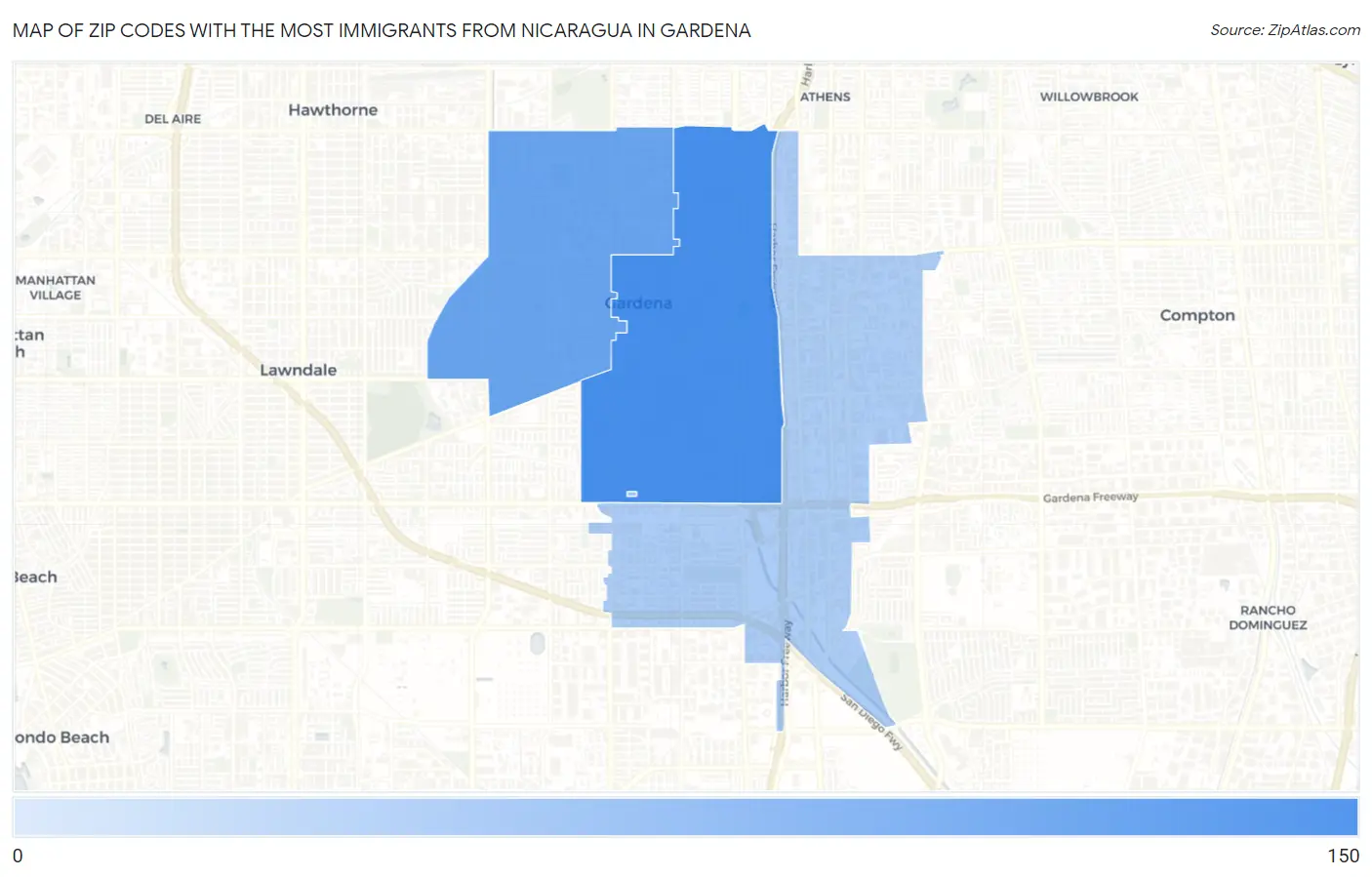 Zip Codes with the Most Immigrants from Nicaragua in Gardena Map
