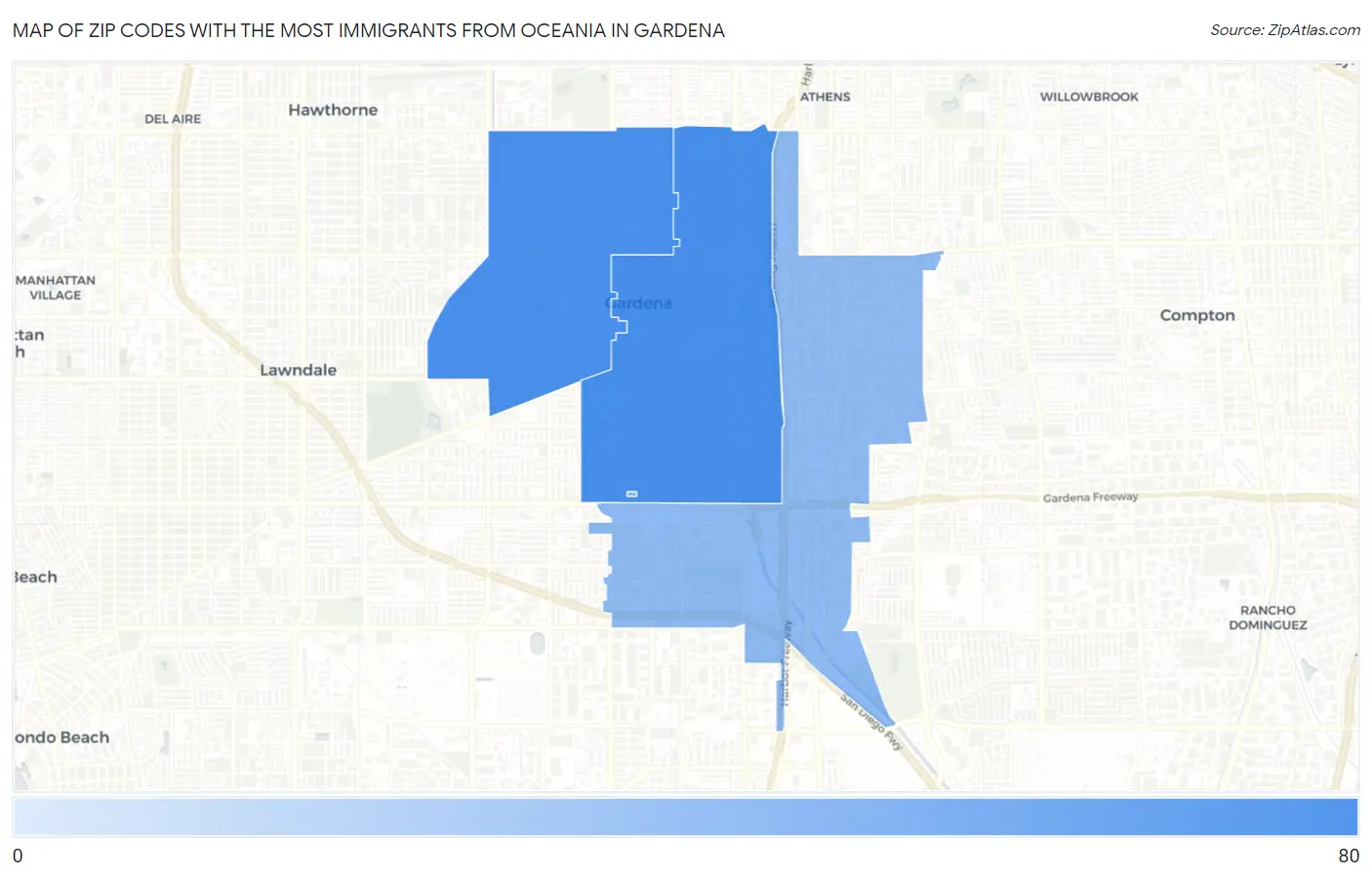 Zip Codes with the Most Immigrants from Oceania in Gardena Map