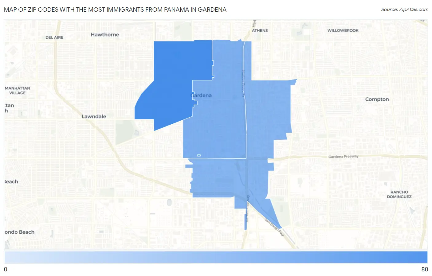 Zip Codes with the Most Immigrants from Panama in Gardena Map