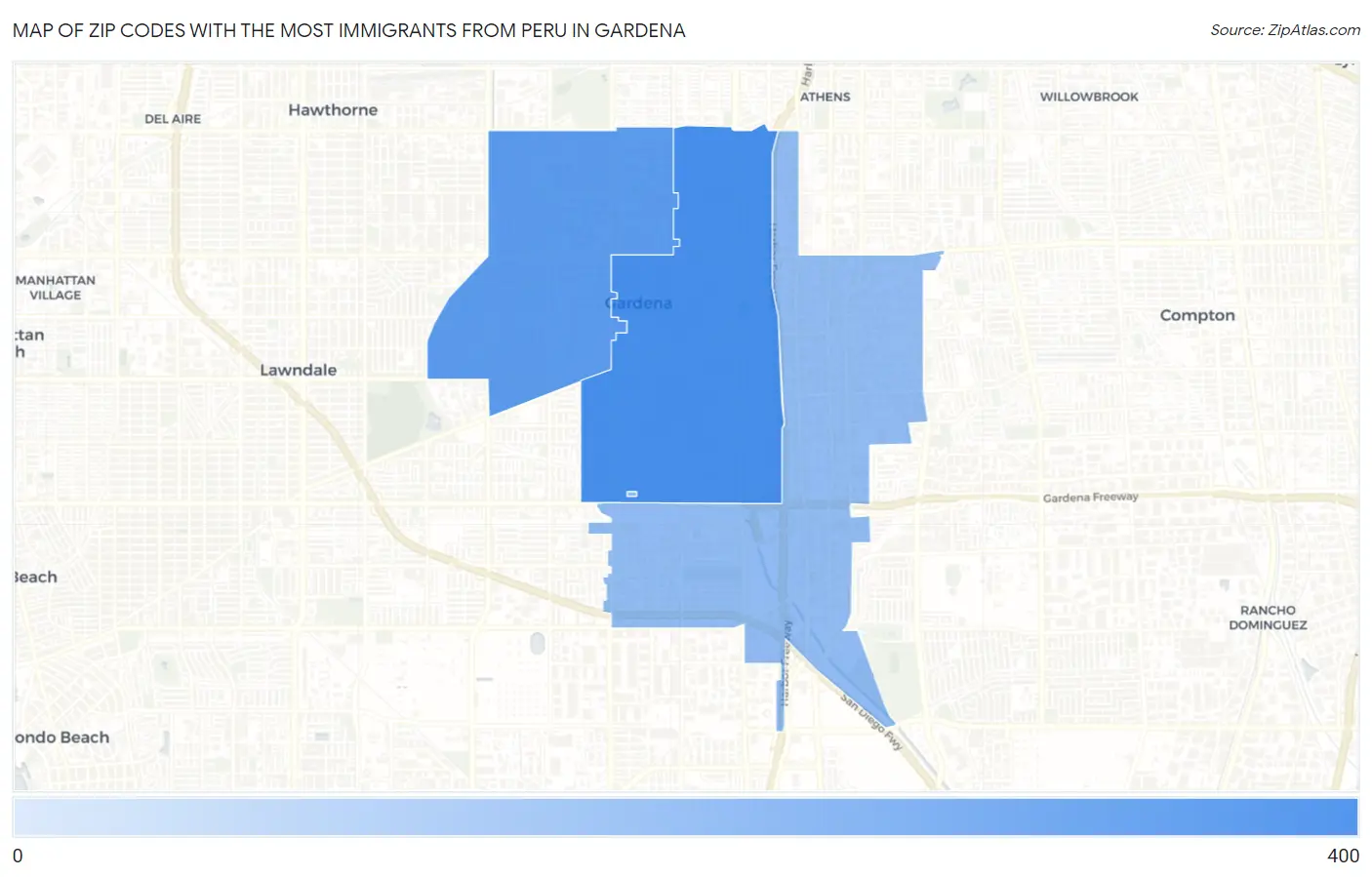 Zip Codes with the Most Immigrants from Peru in Gardena Map