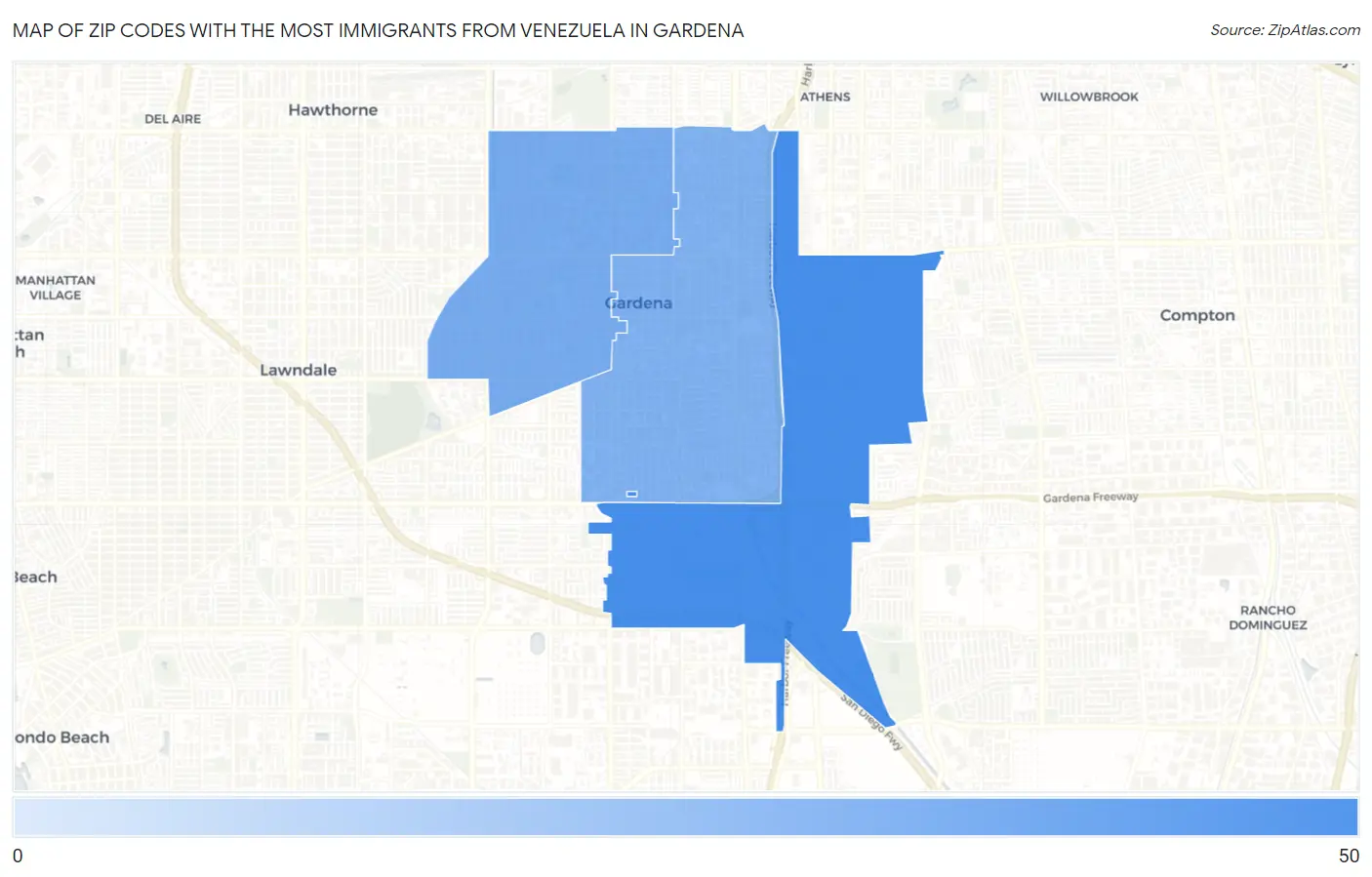 Zip Codes with the Most Immigrants from Venezuela in Gardena Map