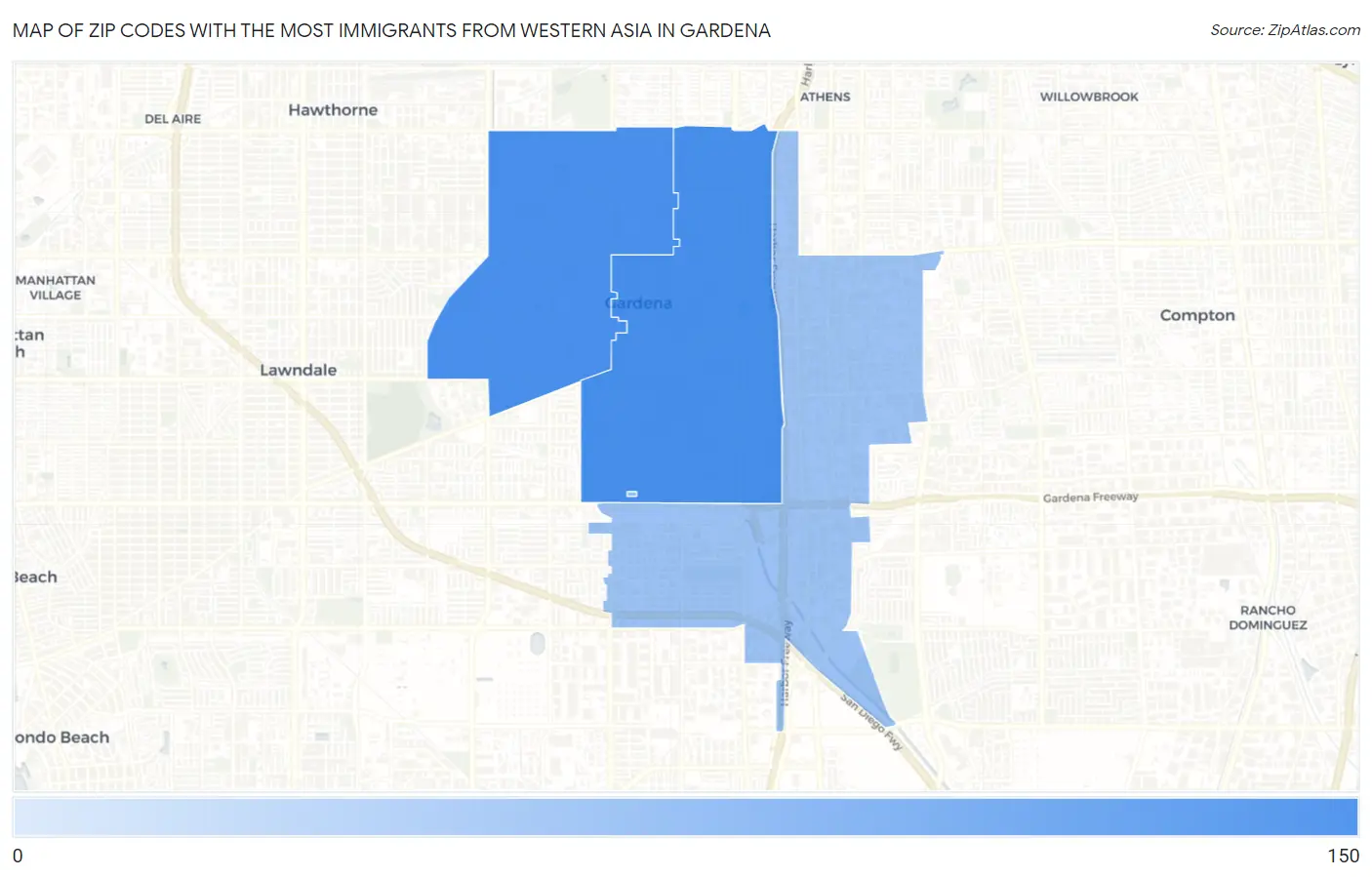 Zip Codes with the Most Immigrants from Western Asia in Gardena Map