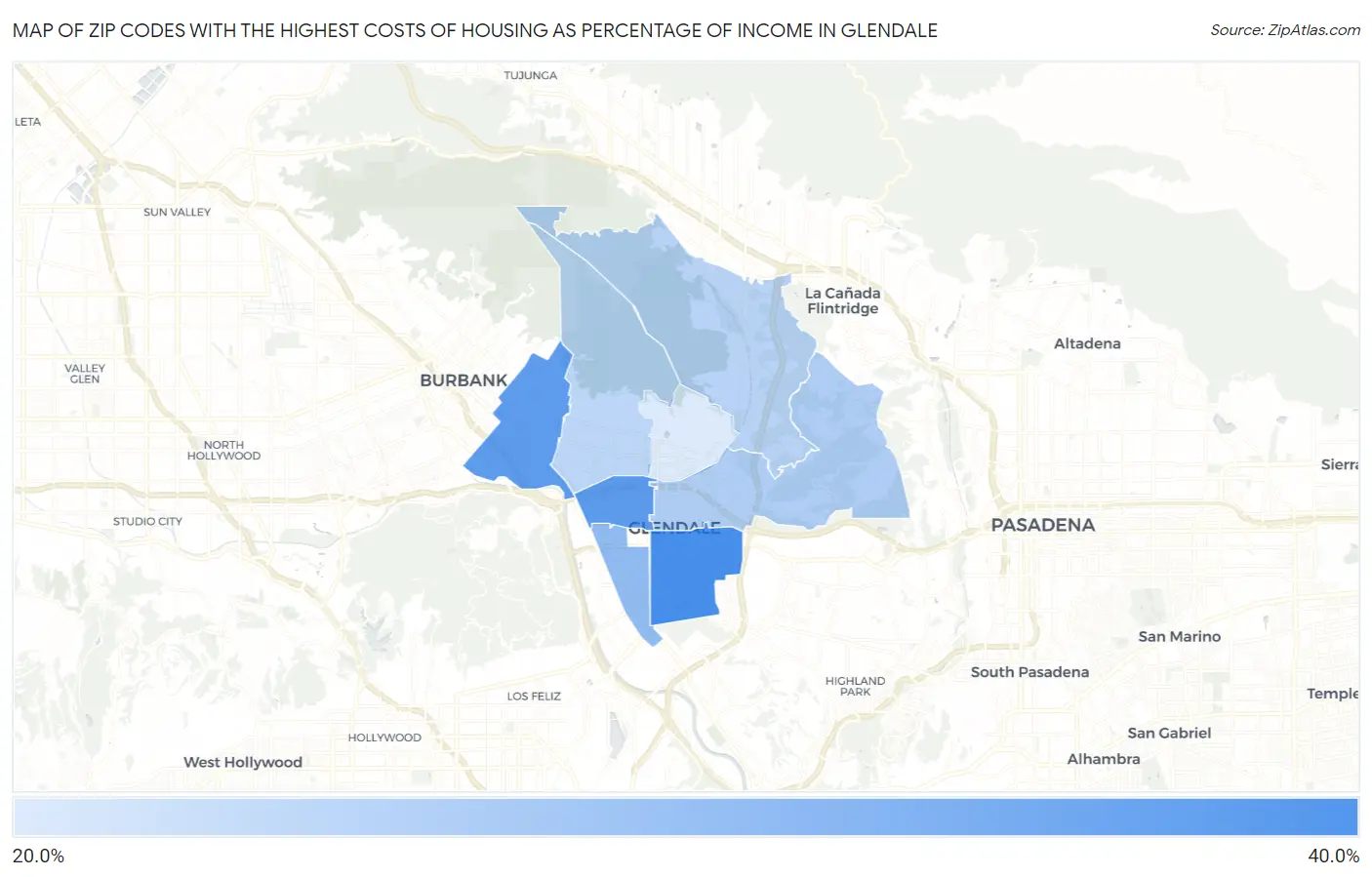 Zip Codes with the Highest Costs of Housing as Percentage of Income in Glendale Map