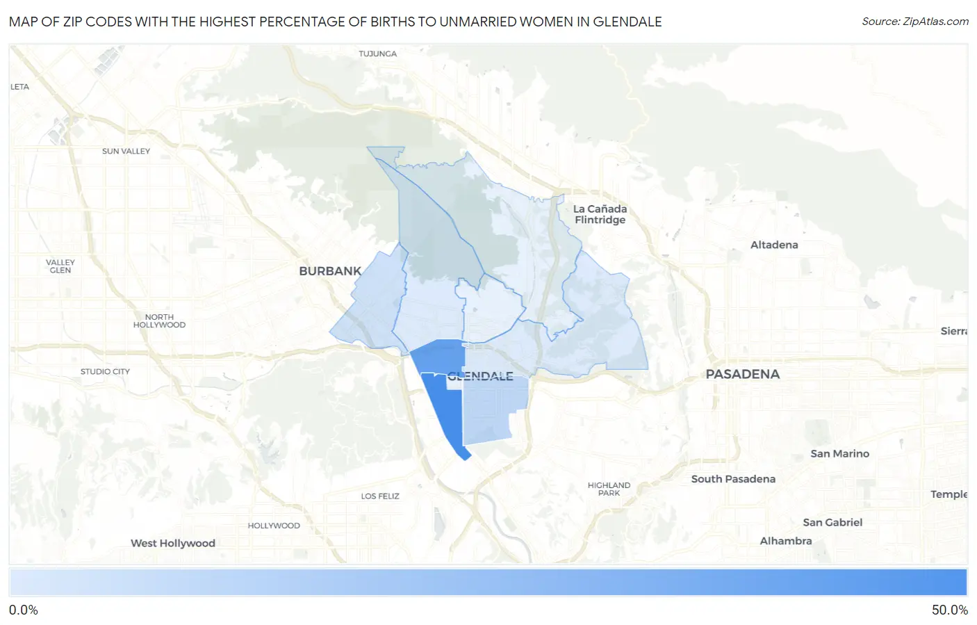 Zip Codes with the Highest Percentage of Births to Unmarried Women in Glendale Map
