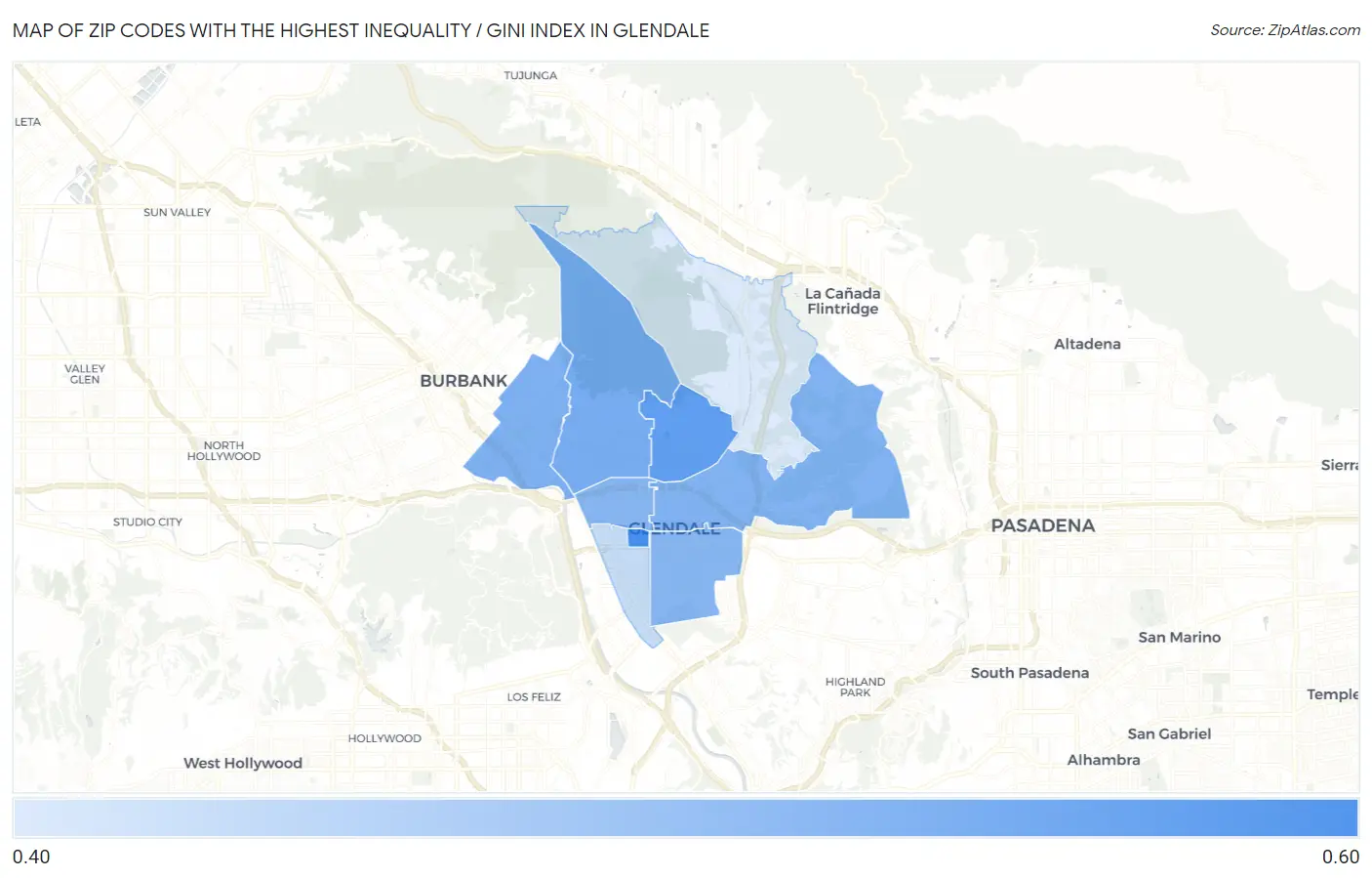 Zip Codes with the Highest Inequality / Gini Index in Glendale Map