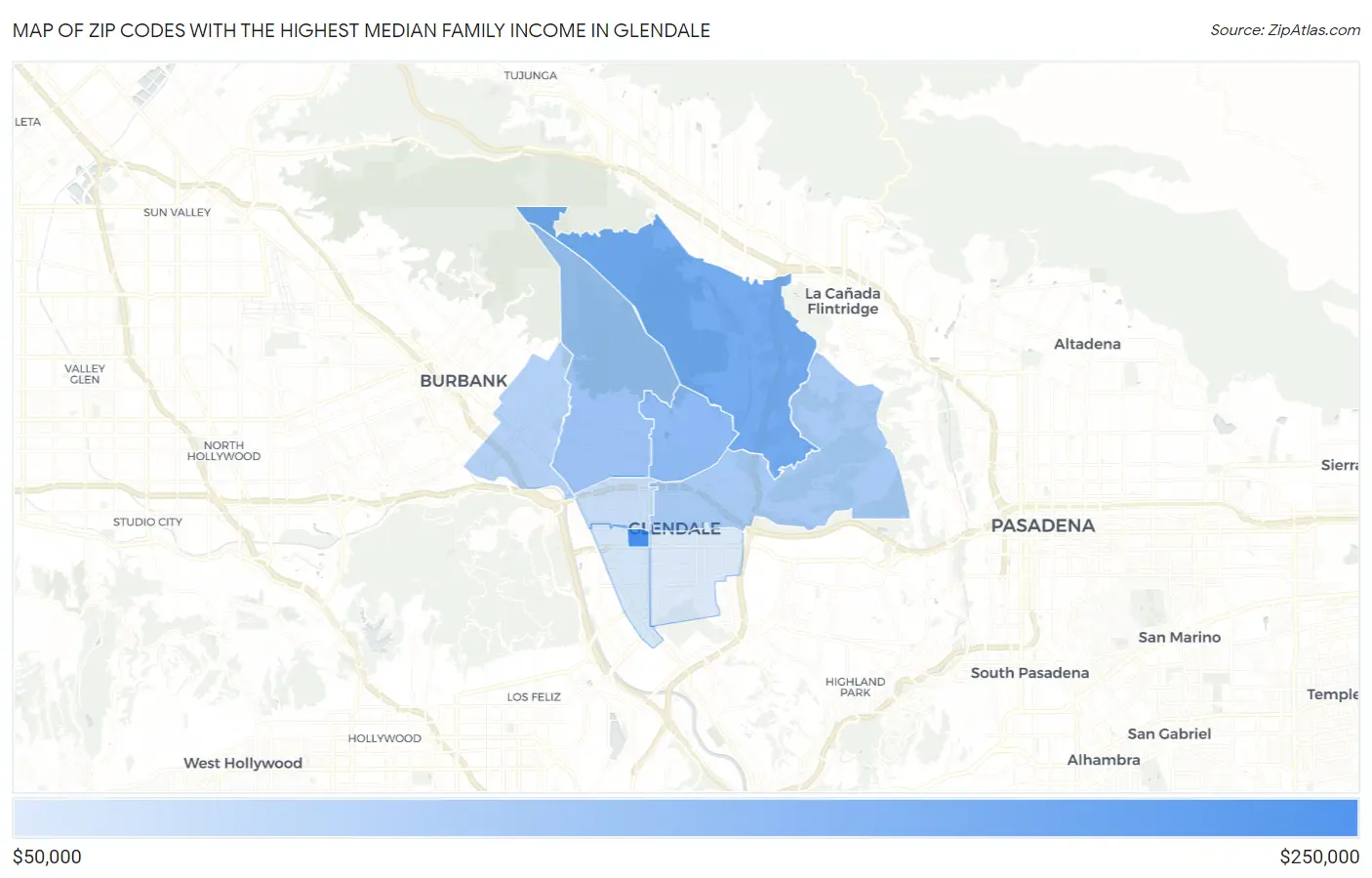 Zip Codes with the Highest Median Family Income in Glendale Map
