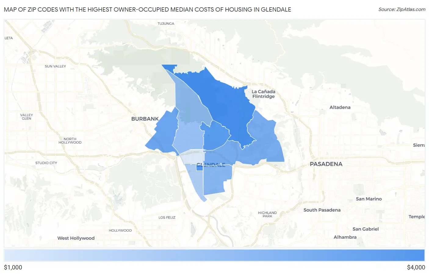 Zip Codes with the Highest Owner-Occupied Median Costs of Housing in Glendale Map