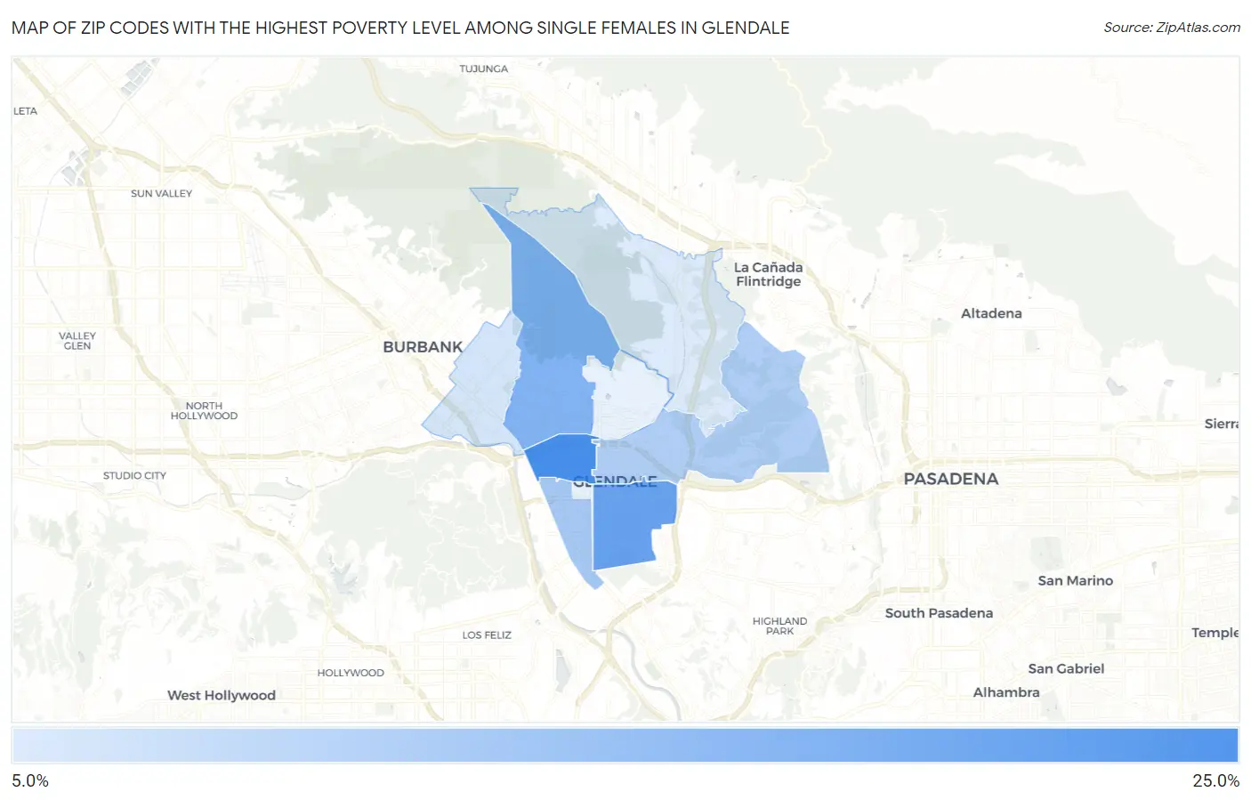 Zip Codes with the Highest Poverty Level Among Single Females in Glendale Map