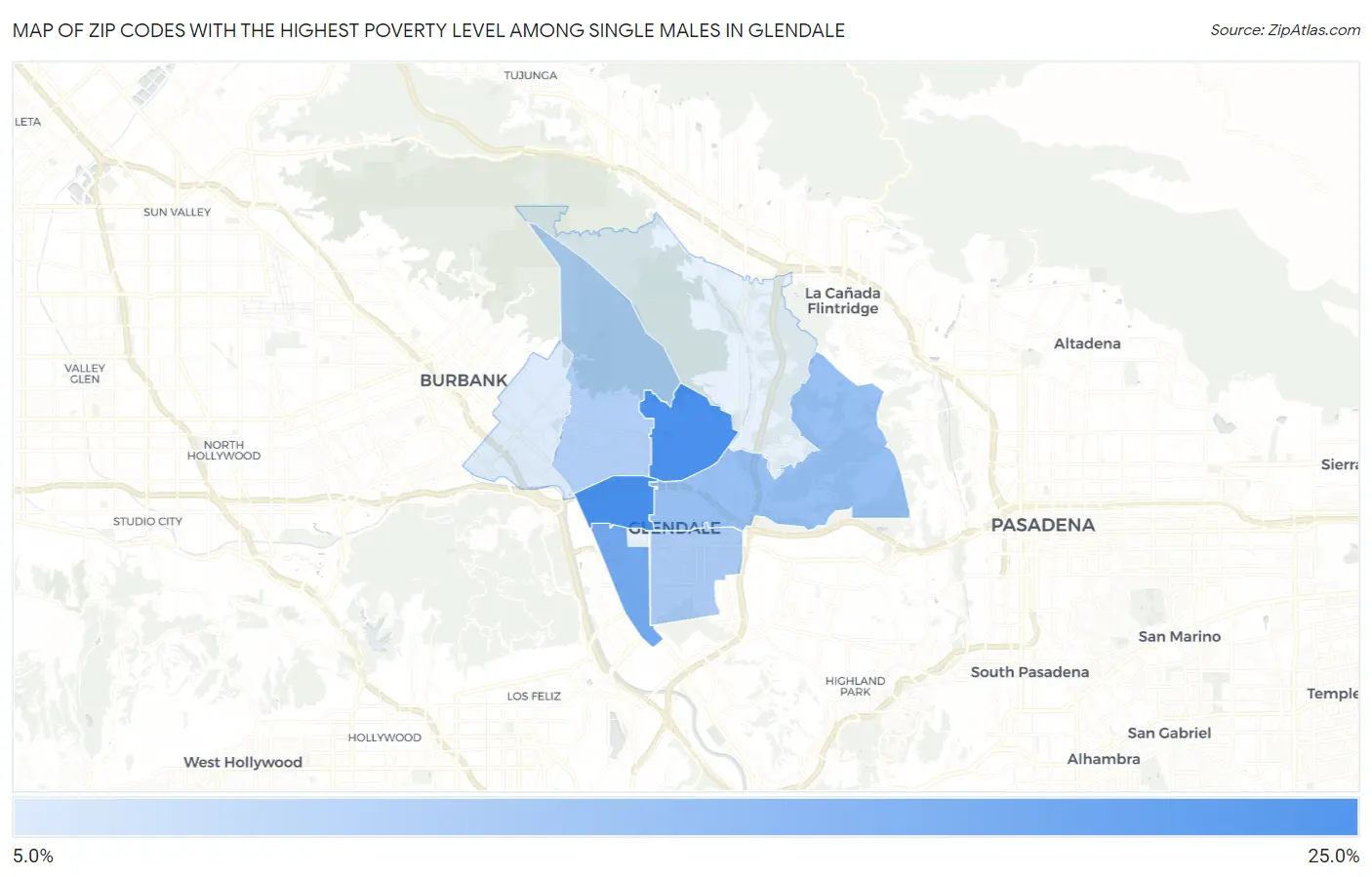Zip Codes with the Highest Poverty Level Among Single Males in Glendale Map