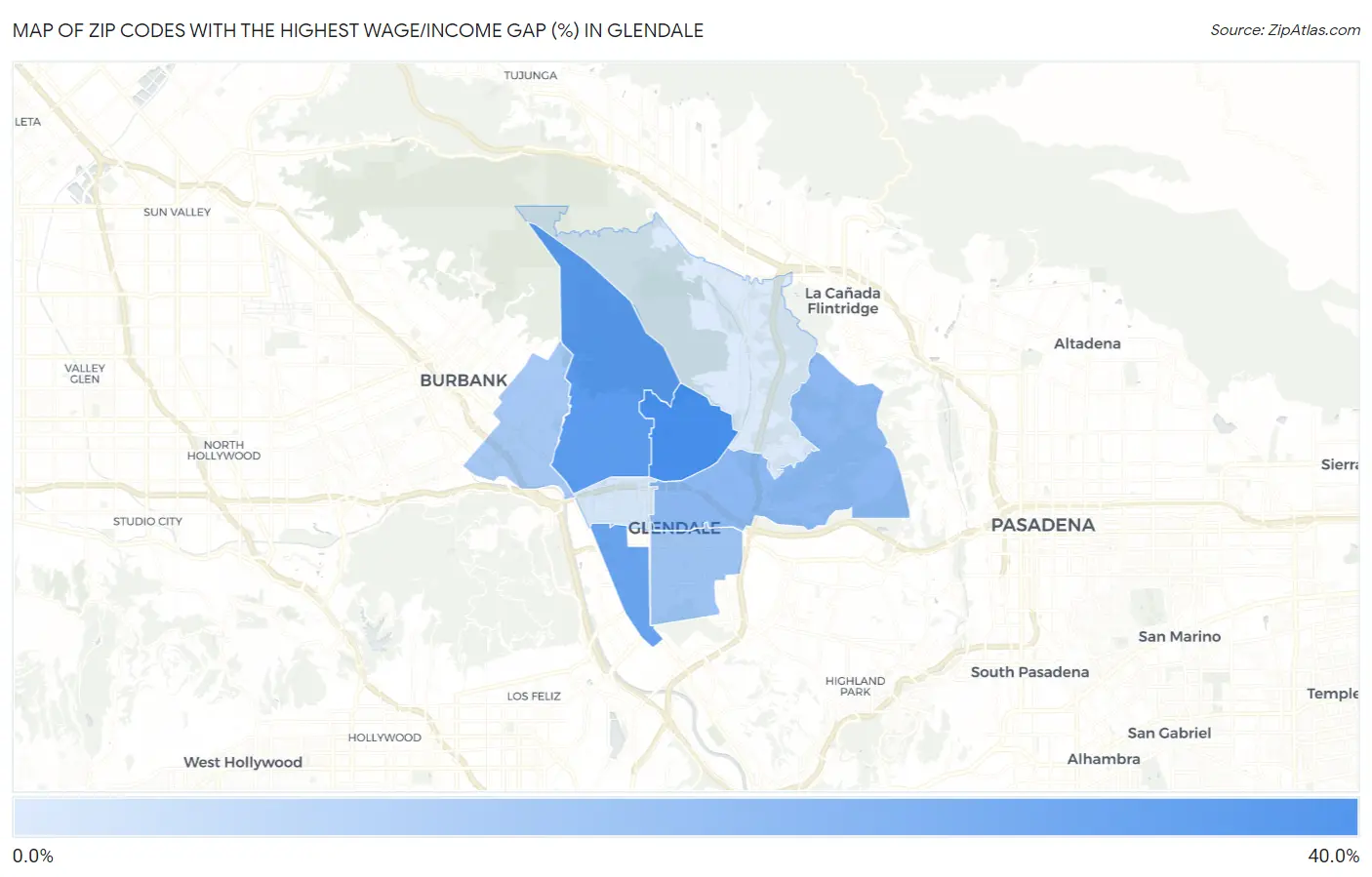 Zip Codes with the Highest Wage/Income Gap (%) in Glendale Map