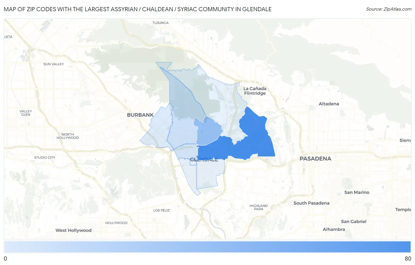 Zip Codes with the Largest Assyrian / Chaldean / Syriac Community in Glendale Map