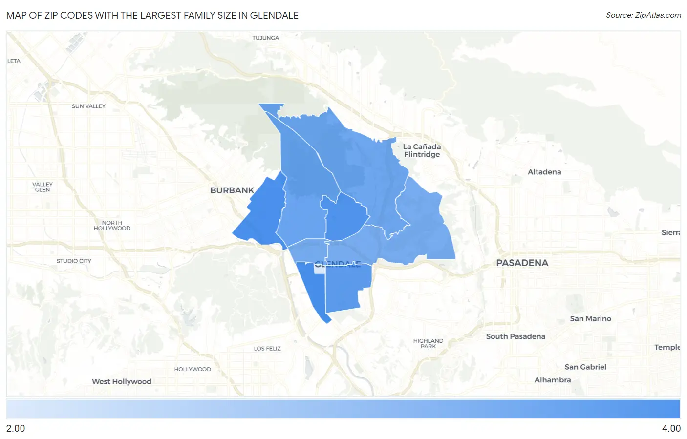 Zip Codes with the Largest Family Size in Glendale Map