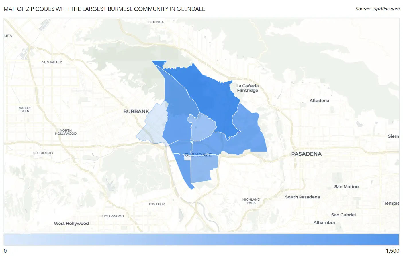Zip Codes with the Largest Burmese Community in Glendale Map