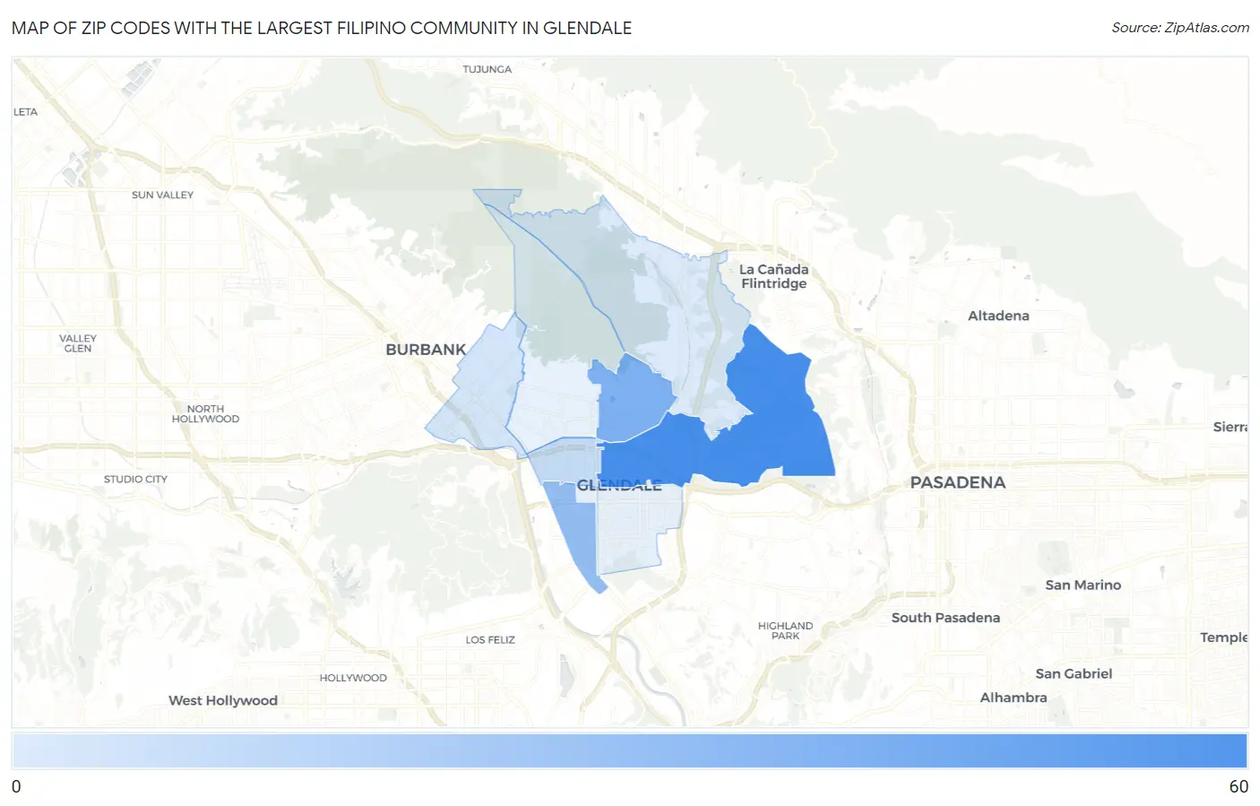 Zip Codes with the Largest Filipino Community in Glendale Map