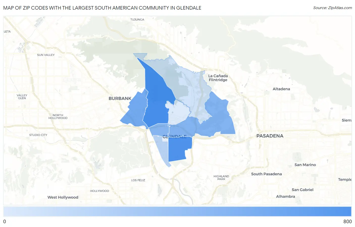 Zip Codes with the Largest South American Community in Glendale Map