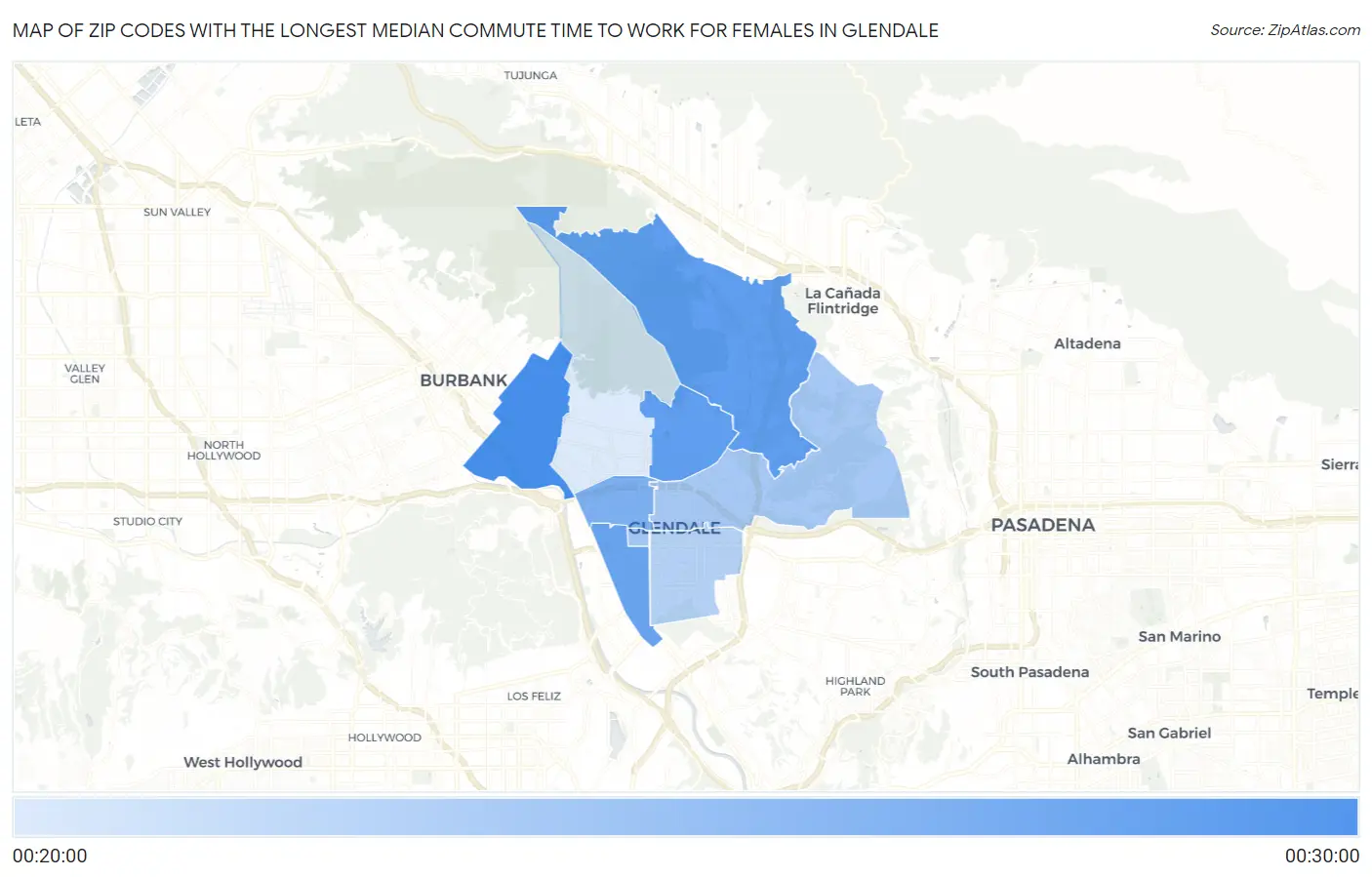 Zip Codes with the Longest Median Commute Time to Work for Females in Glendale Map