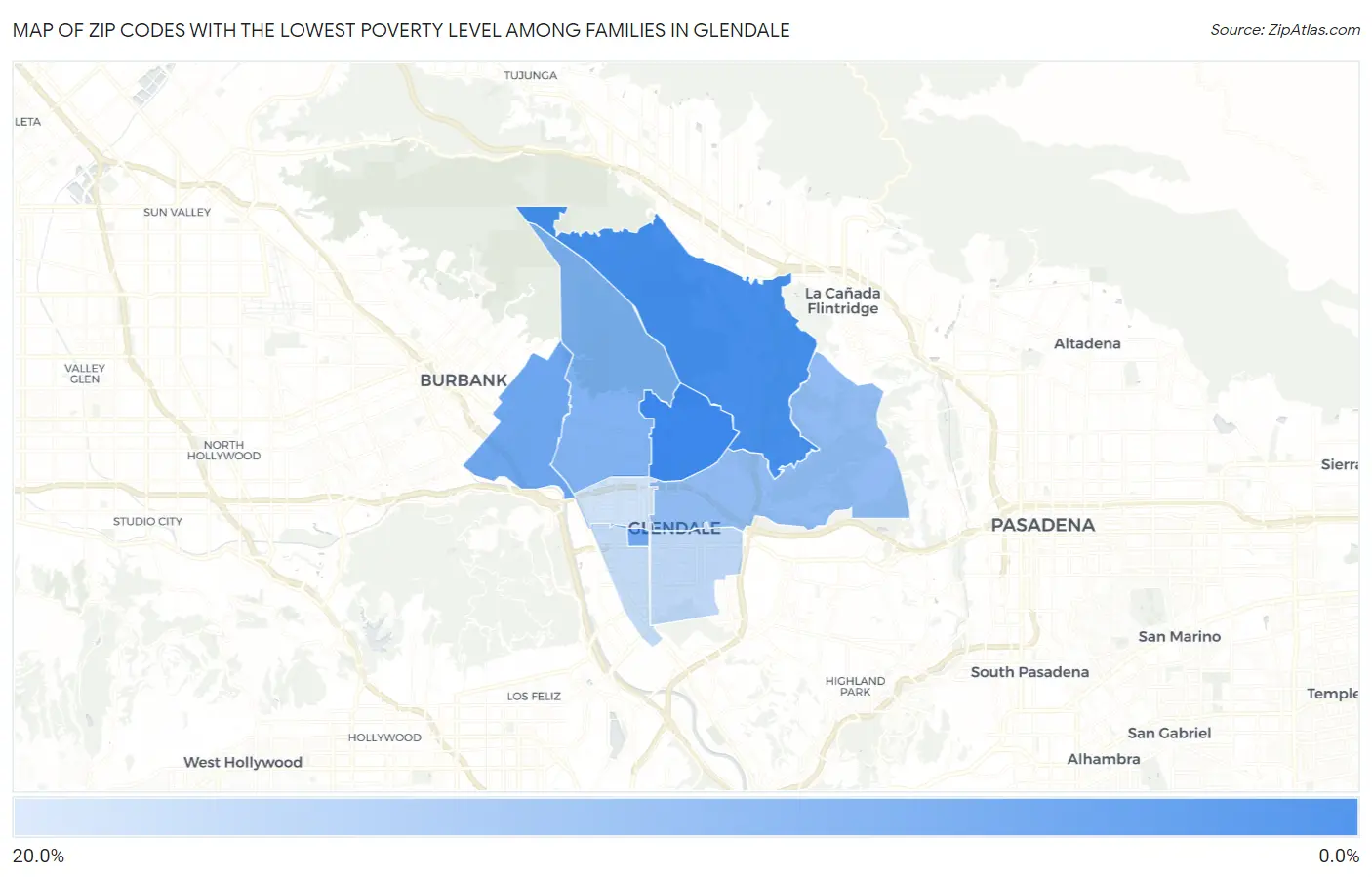 Zip Codes with the Lowest Poverty Level Among Families in Glendale Map