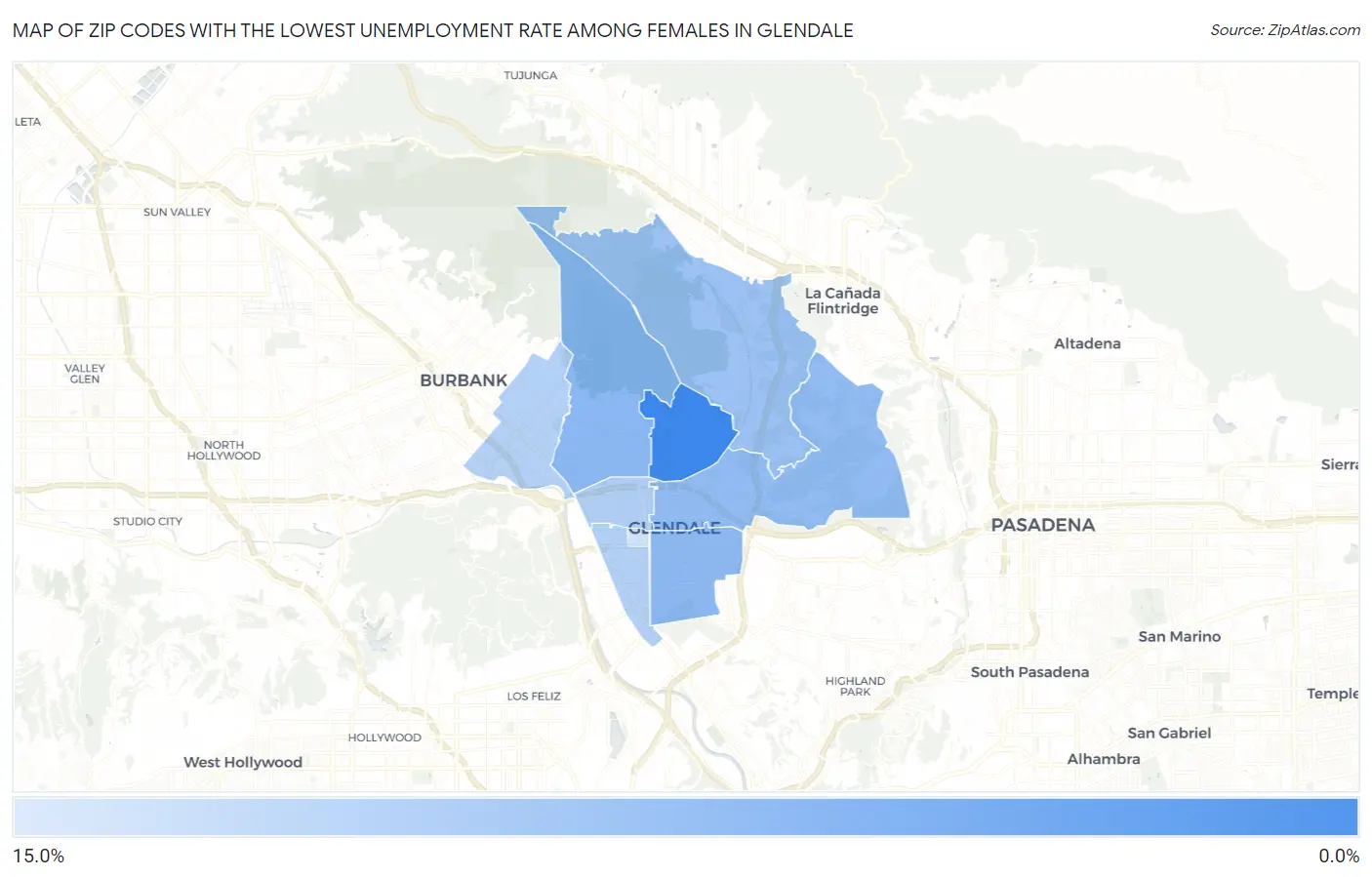 Zip Codes with the Lowest Unemployment Rate Among Females in Glendale Map