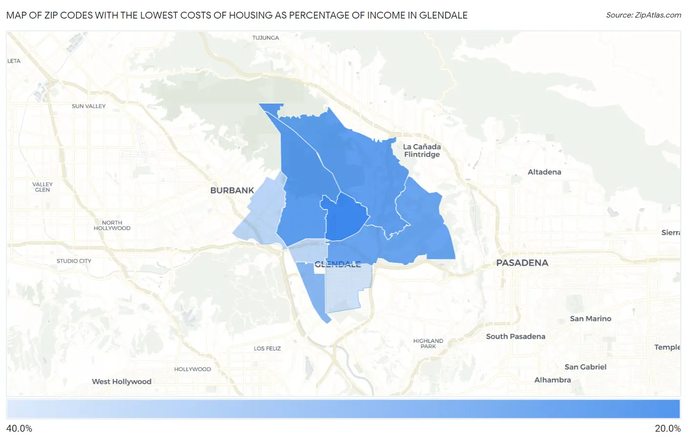 Zip Codes with the Lowest Costs of Housing as Percentage of Income in Glendale Map
