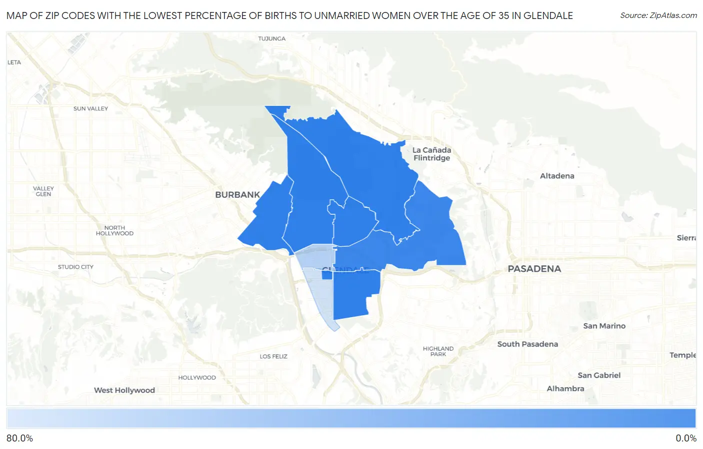 Zip Codes with the Lowest Percentage of Births to Unmarried Women over the Age of 35 in Glendale Map