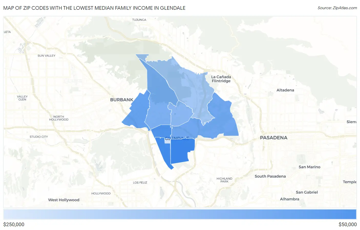 Zip Codes with the Lowest Median Family Income in Glendale Map