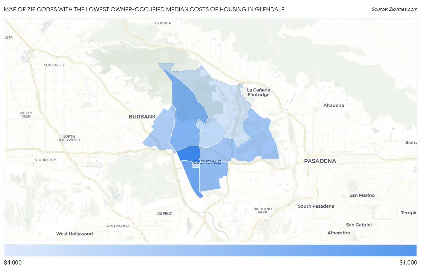 Zip Codes with the Lowest Owner-Occupied Median Costs of Housing in Glendale Map