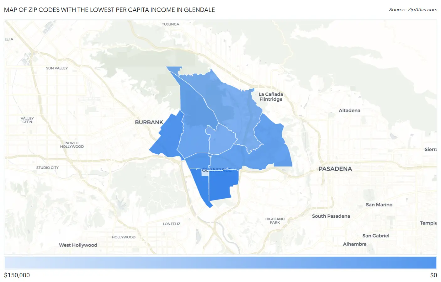 Zip Codes with the Lowest Per Capita Income in Glendale Map