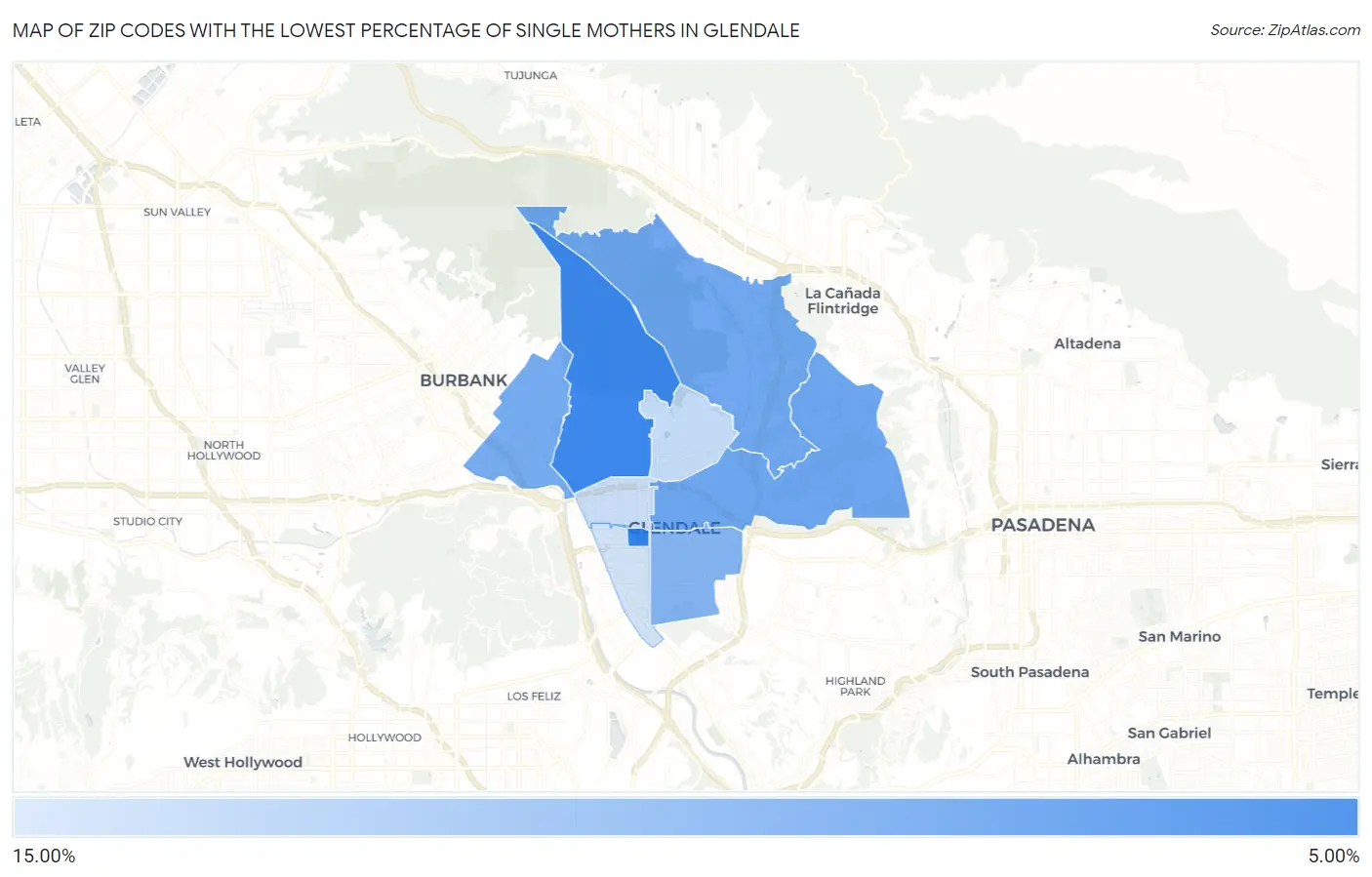 Zip Codes with the Lowest Percentage of Single Mothers in Glendale Map