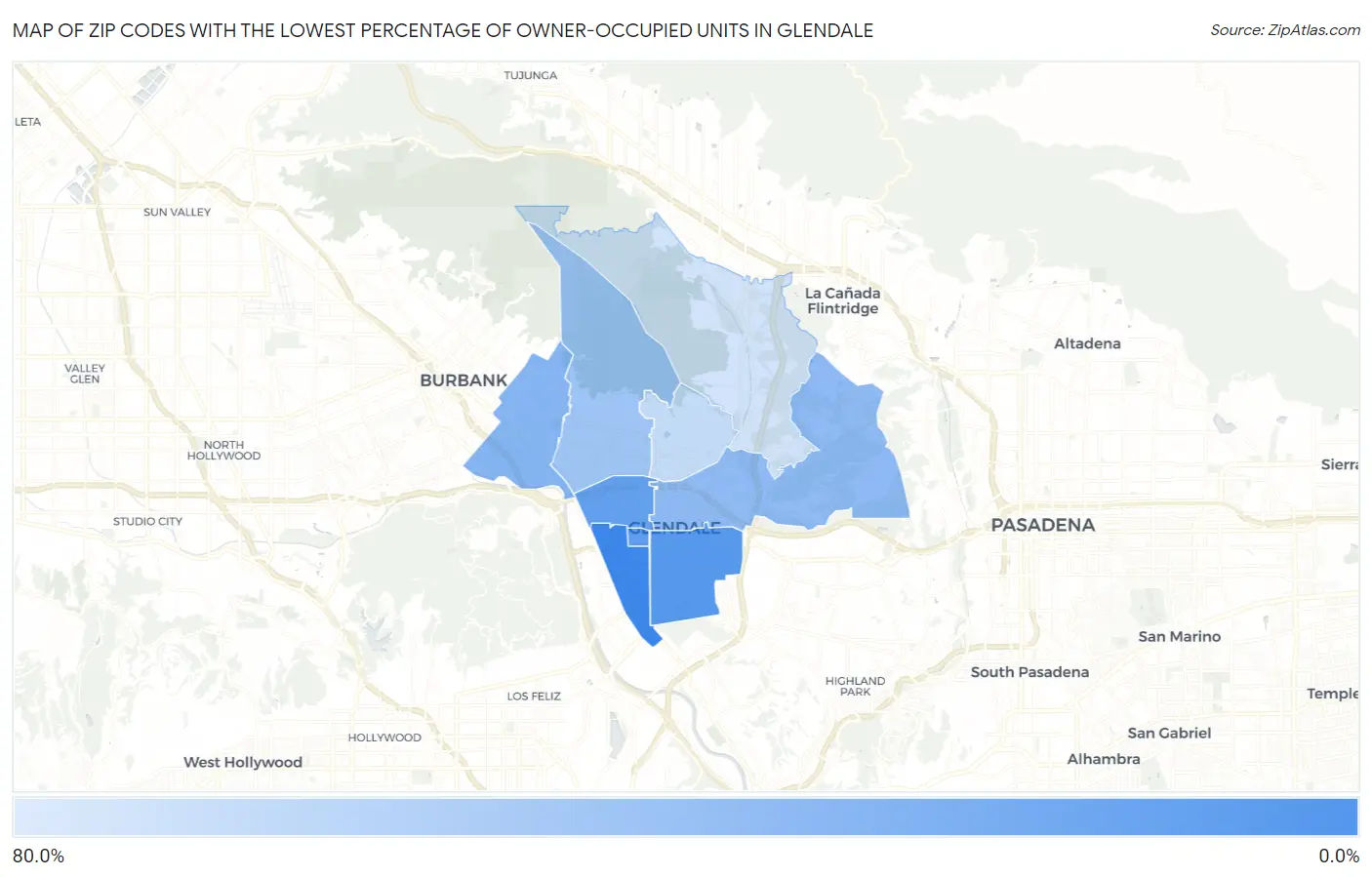 Zip Codes with the Lowest Percentage of Owner-Occupied Units in Glendale Map