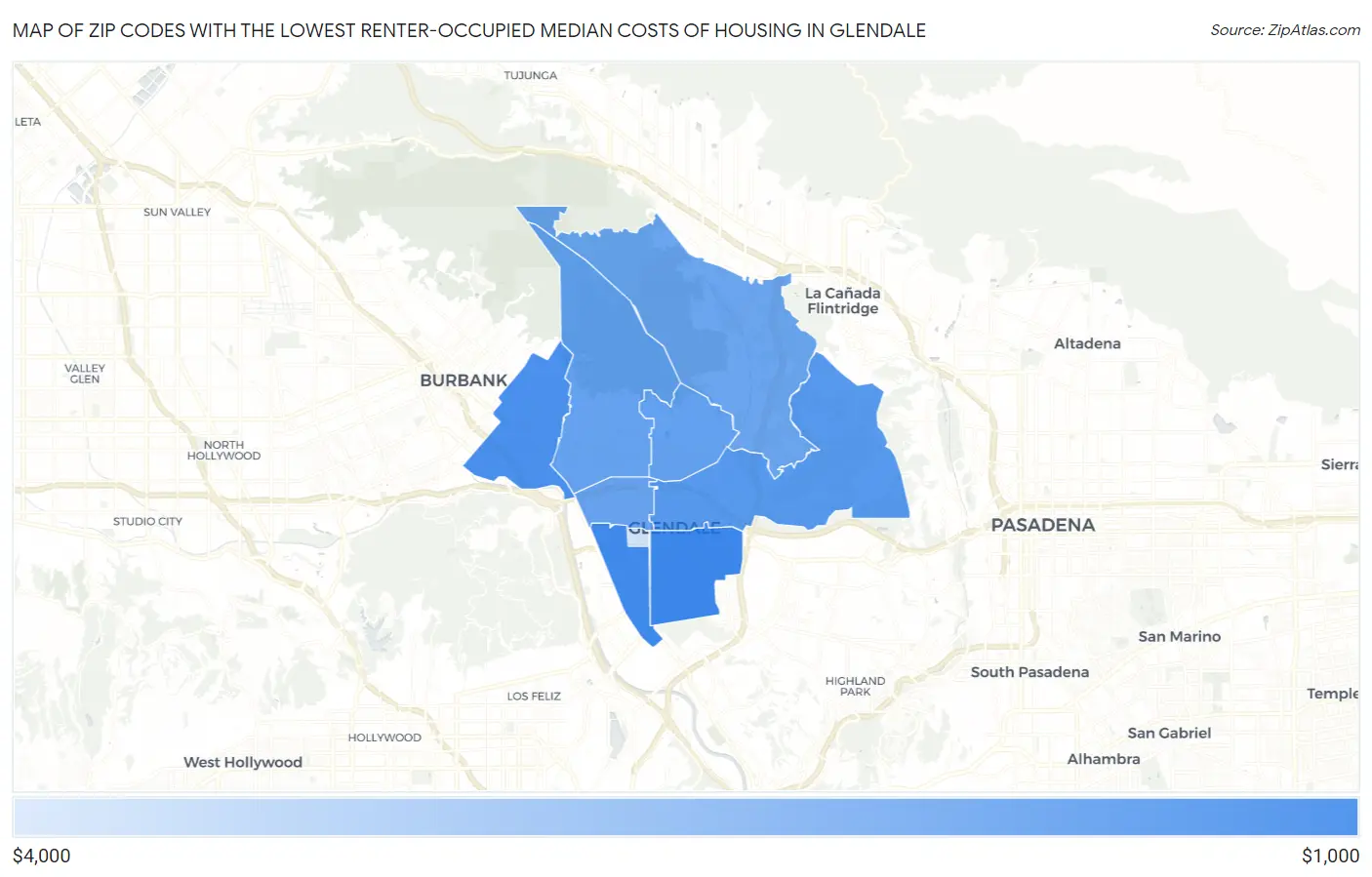 Zip Codes with the Lowest Renter-Occupied Median Costs of Housing in Glendale Map