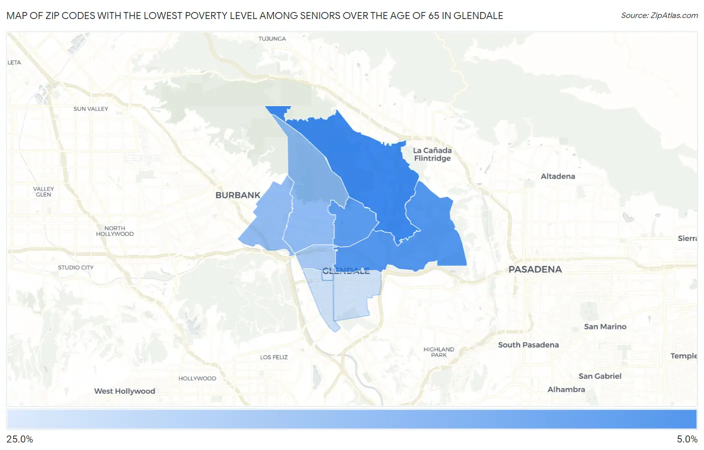 Zip Codes with the Lowest Poverty Level Among Seniors Over the Age of 65 in Glendale Map