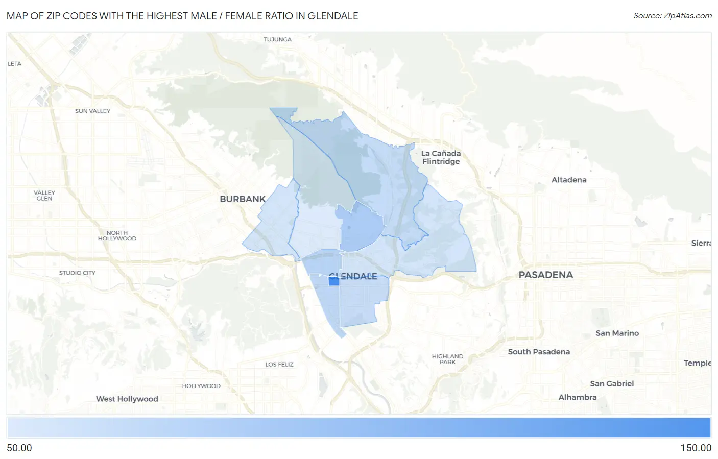 Zip Codes with the Highest Male / Female Ratio in Glendale Map