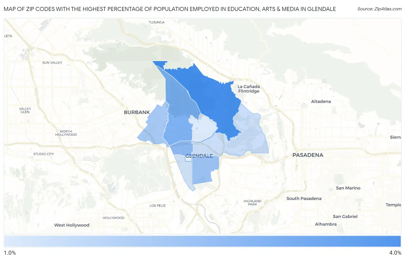 Zip Codes with the Highest Percentage of Population Employed in Education, Arts & Media in Glendale Map