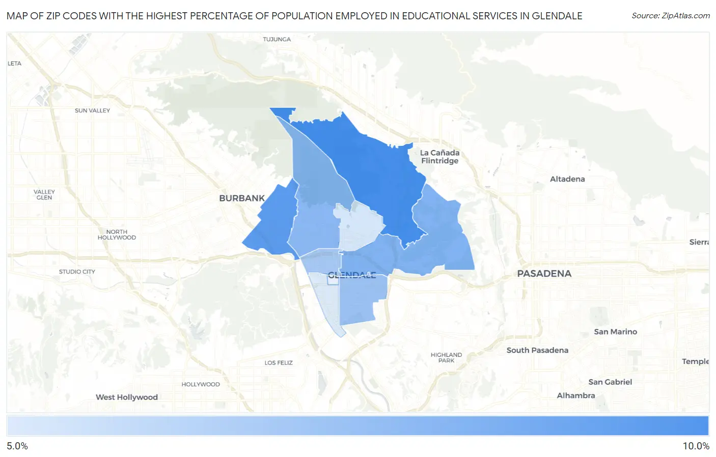 Zip Codes with the Highest Percentage of Population Employed in Educational Services in Glendale Map