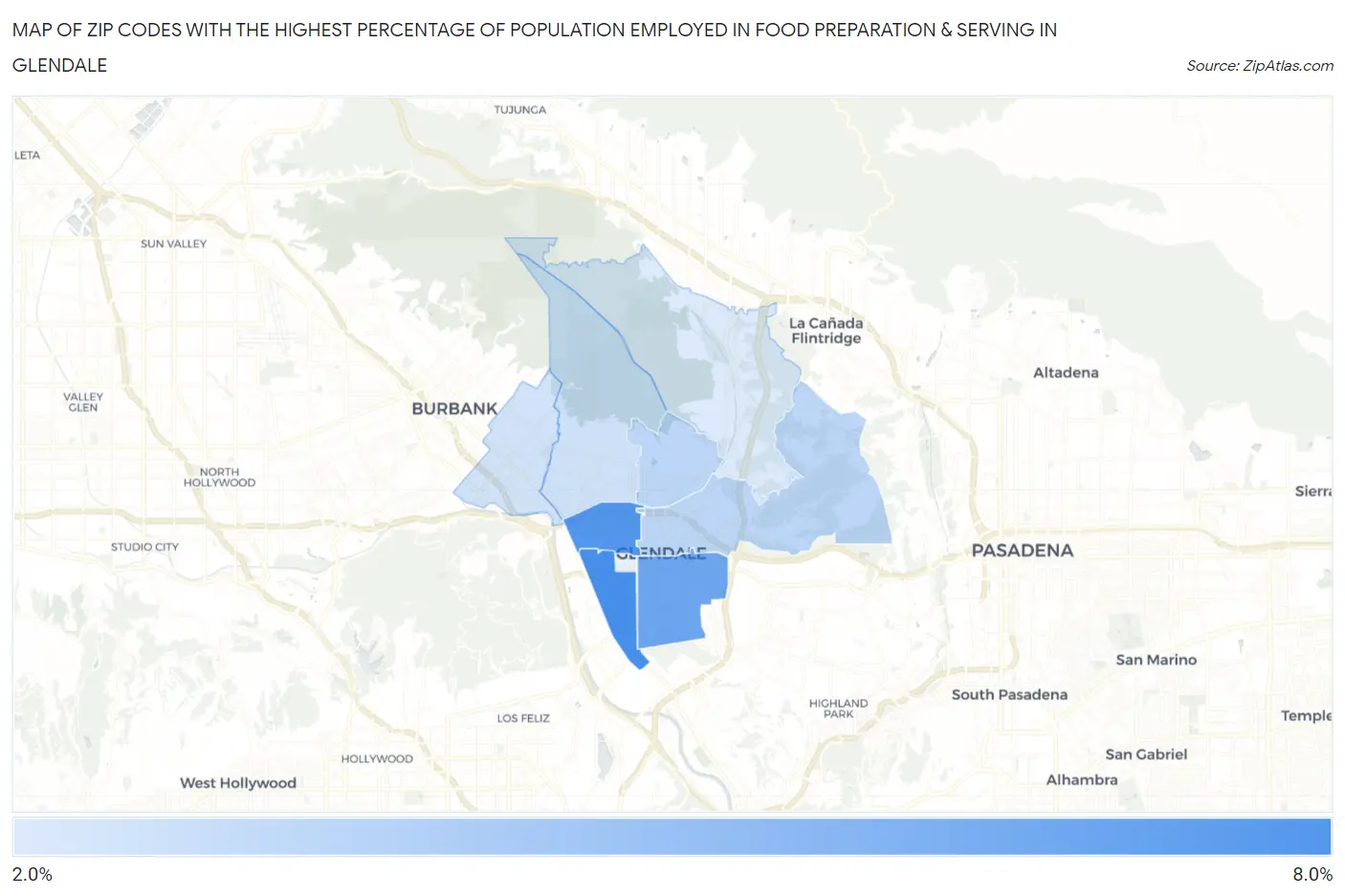 Zip Codes with the Highest Percentage of Population Employed in Food Preparation & Serving in Glendale Map