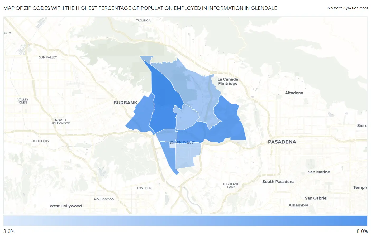 Zip Codes with the Highest Percentage of Population Employed in Information in Glendale Map