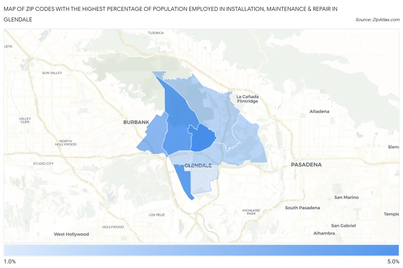 Zip Codes with the Highest Percentage of Population Employed in Installation, Maintenance & Repair in Glendale Map