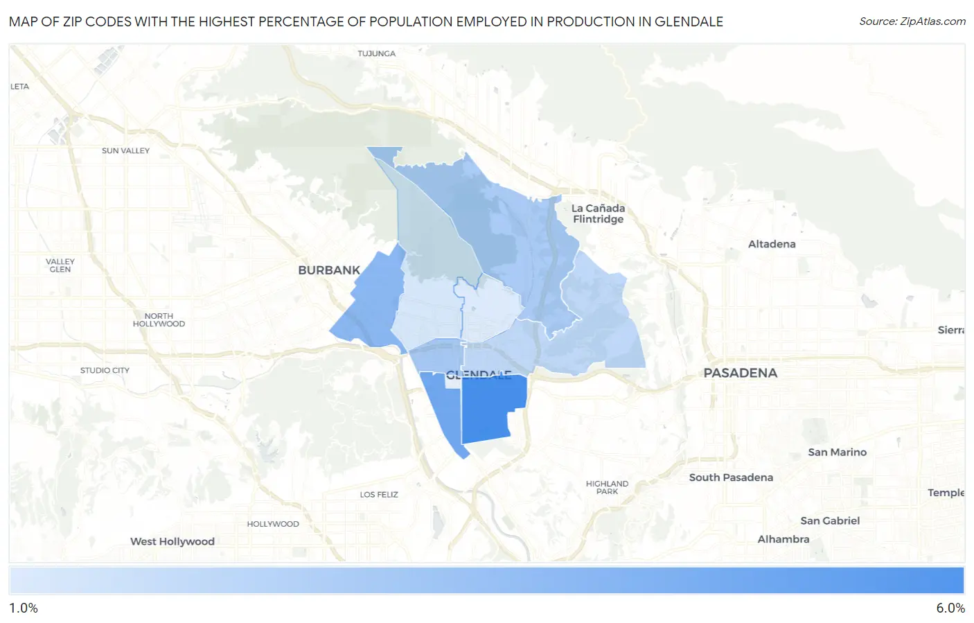 Zip Codes with the Highest Percentage of Population Employed in Production in Glendale Map