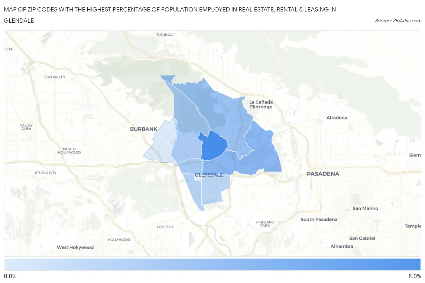 Zip Codes with the Highest Percentage of Population Employed in Real Estate, Rental & Leasing in Glendale Map