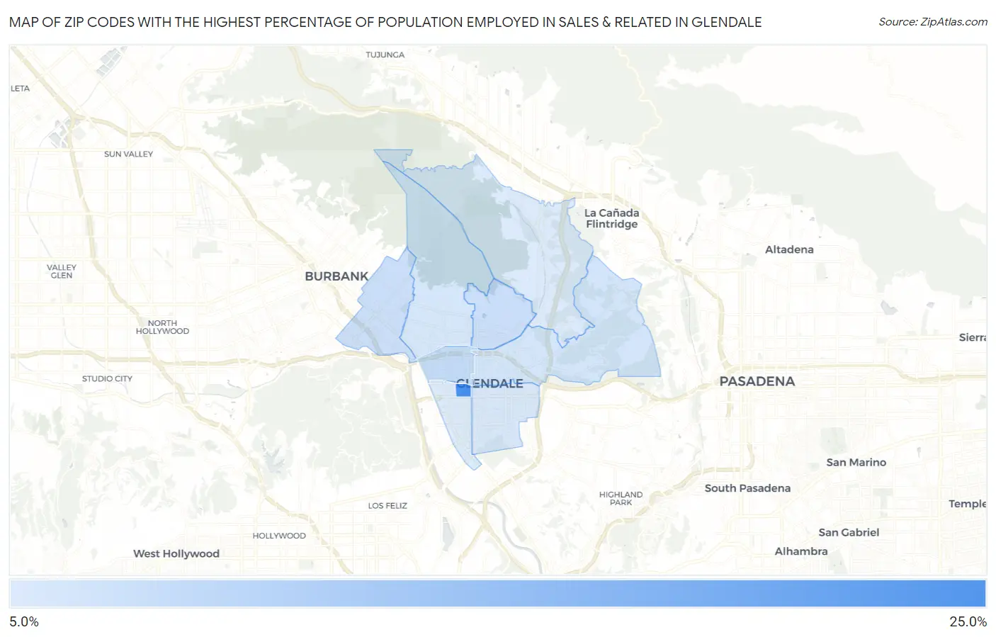 Zip Codes with the Highest Percentage of Population Employed in Sales & Related in Glendale Map