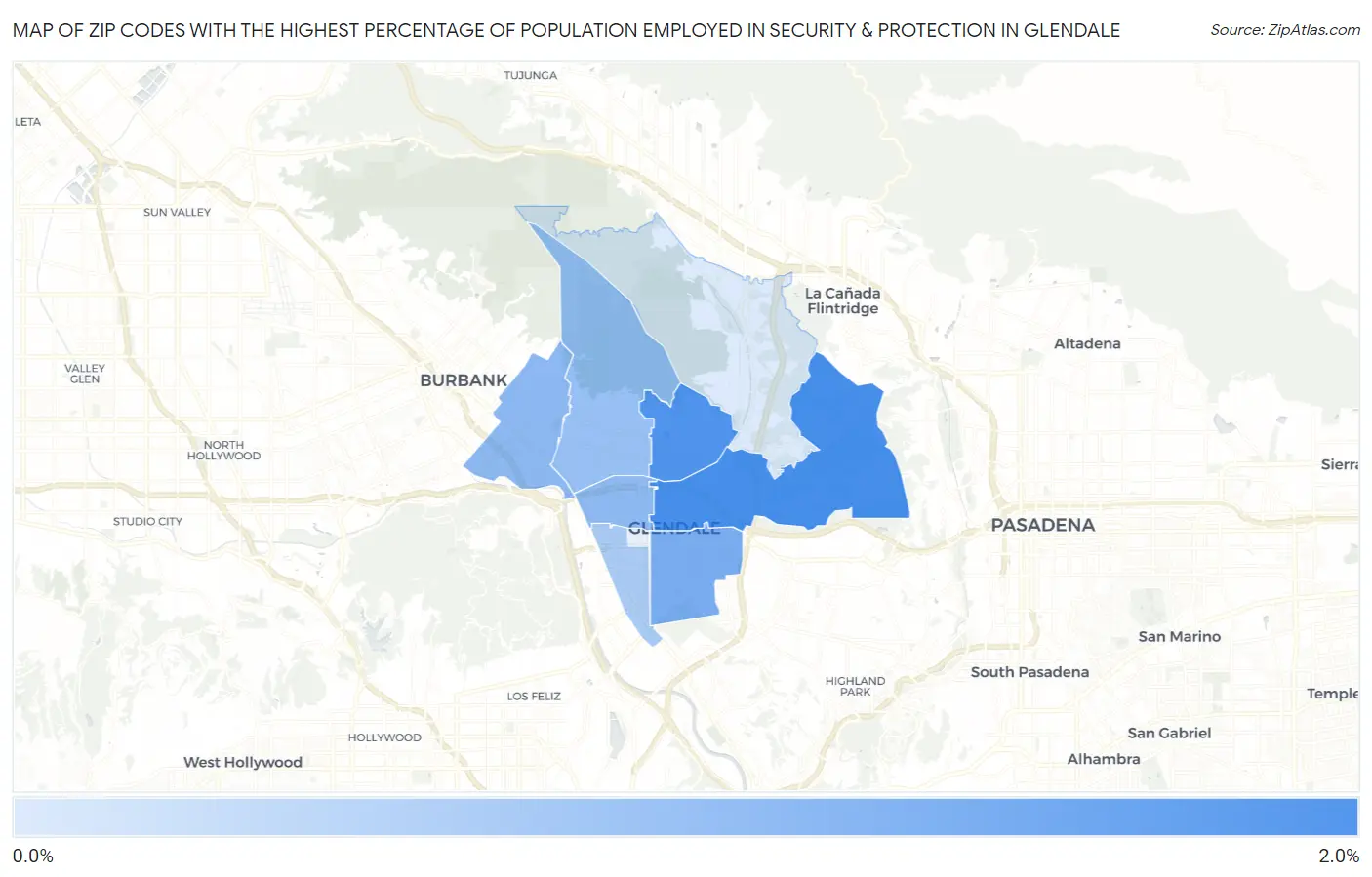 Zip Codes with the Highest Percentage of Population Employed in Security & Protection in Glendale Map