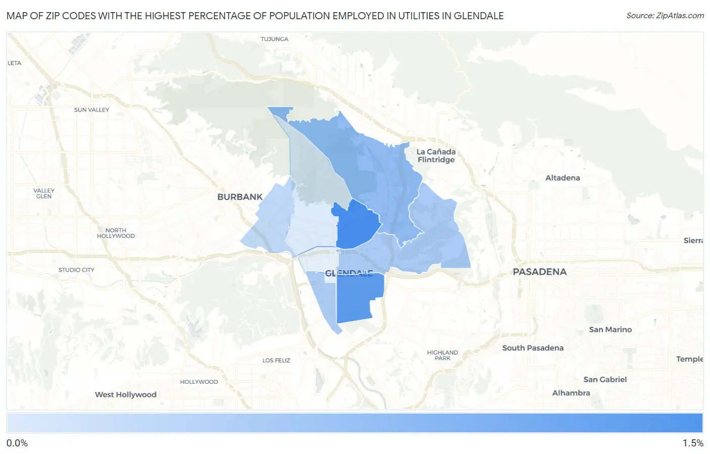Zip Codes with the Highest Percentage of Population Employed in Utilities in Glendale Map