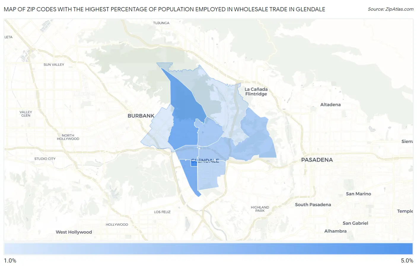 Zip Codes with the Highest Percentage of Population Employed in Wholesale Trade in Glendale Map
