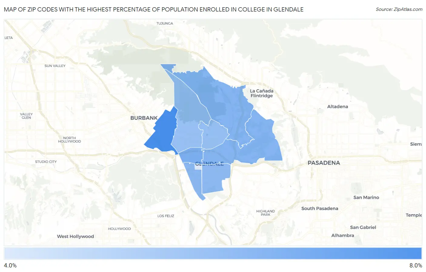 Zip Codes with the Highest Percentage of Population Enrolled in College in Glendale Map