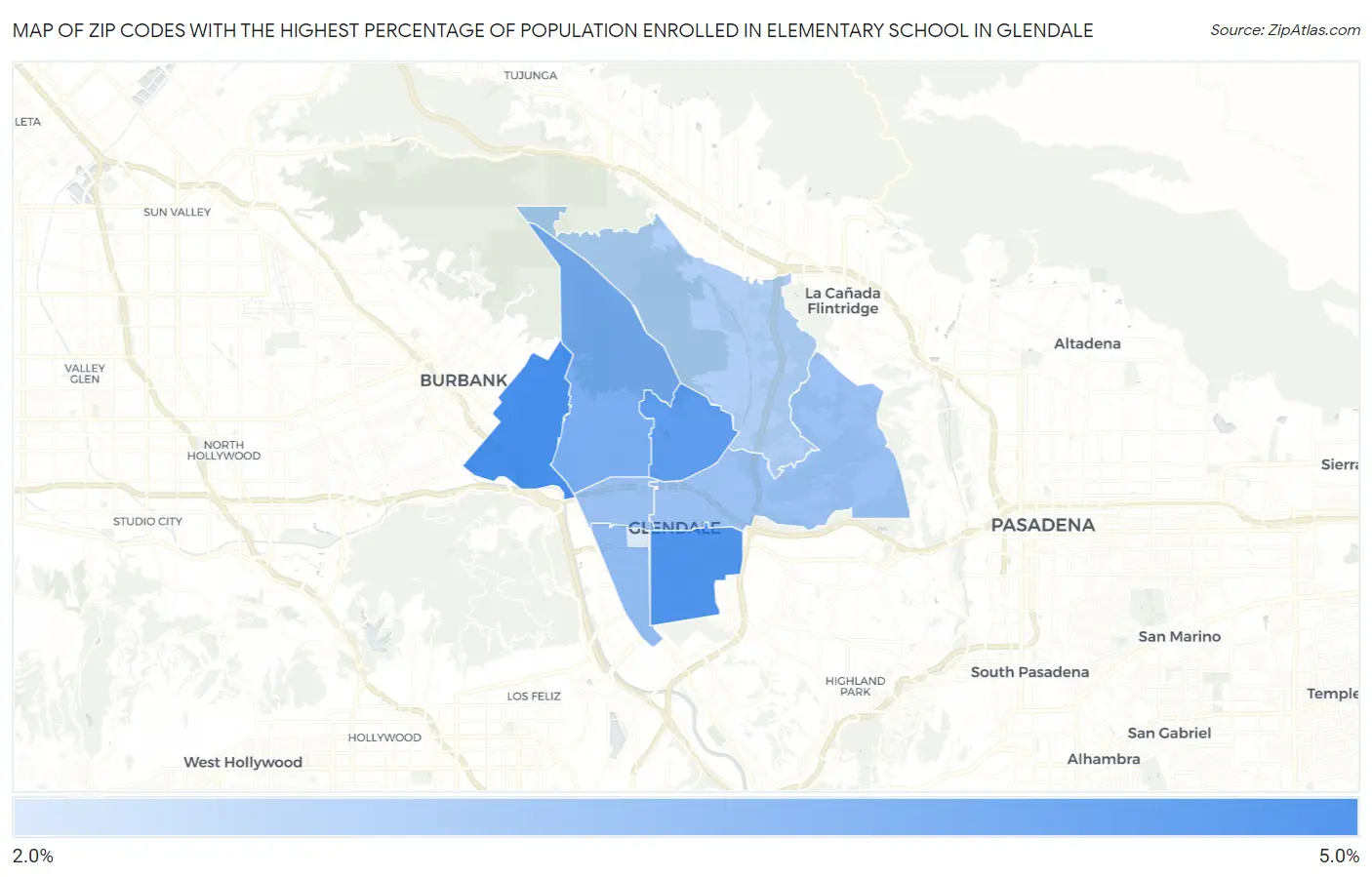 Zip Codes with the Highest Percentage of Population Enrolled in Elementary School in Glendale Map