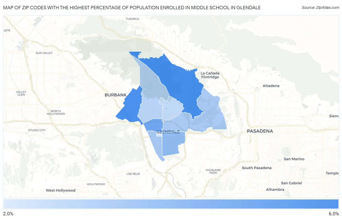 Zip Codes with the Highest Percentage of Population Enrolled in Middle School in Glendale Map